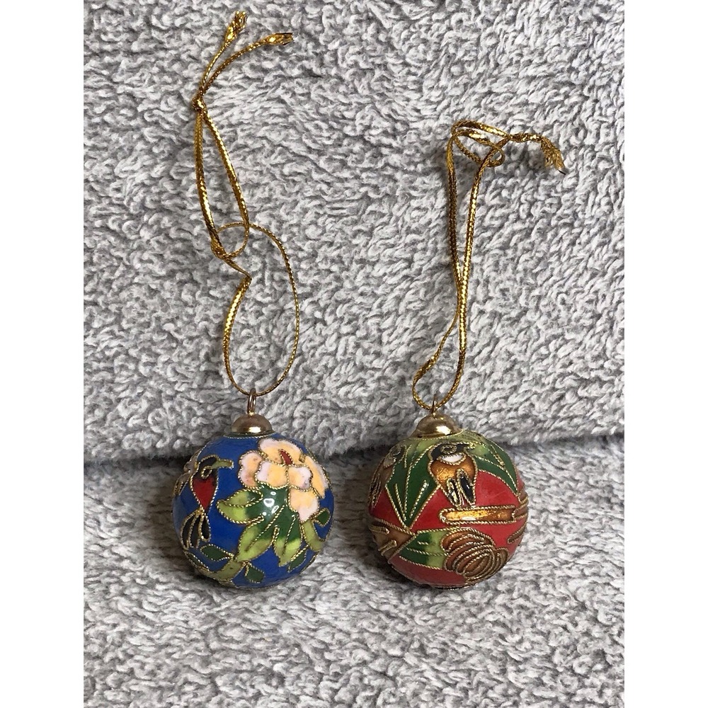 CLOISONNÉ Chinese Christmas Ornaments with Bird &‎ Floral Design Set of Two